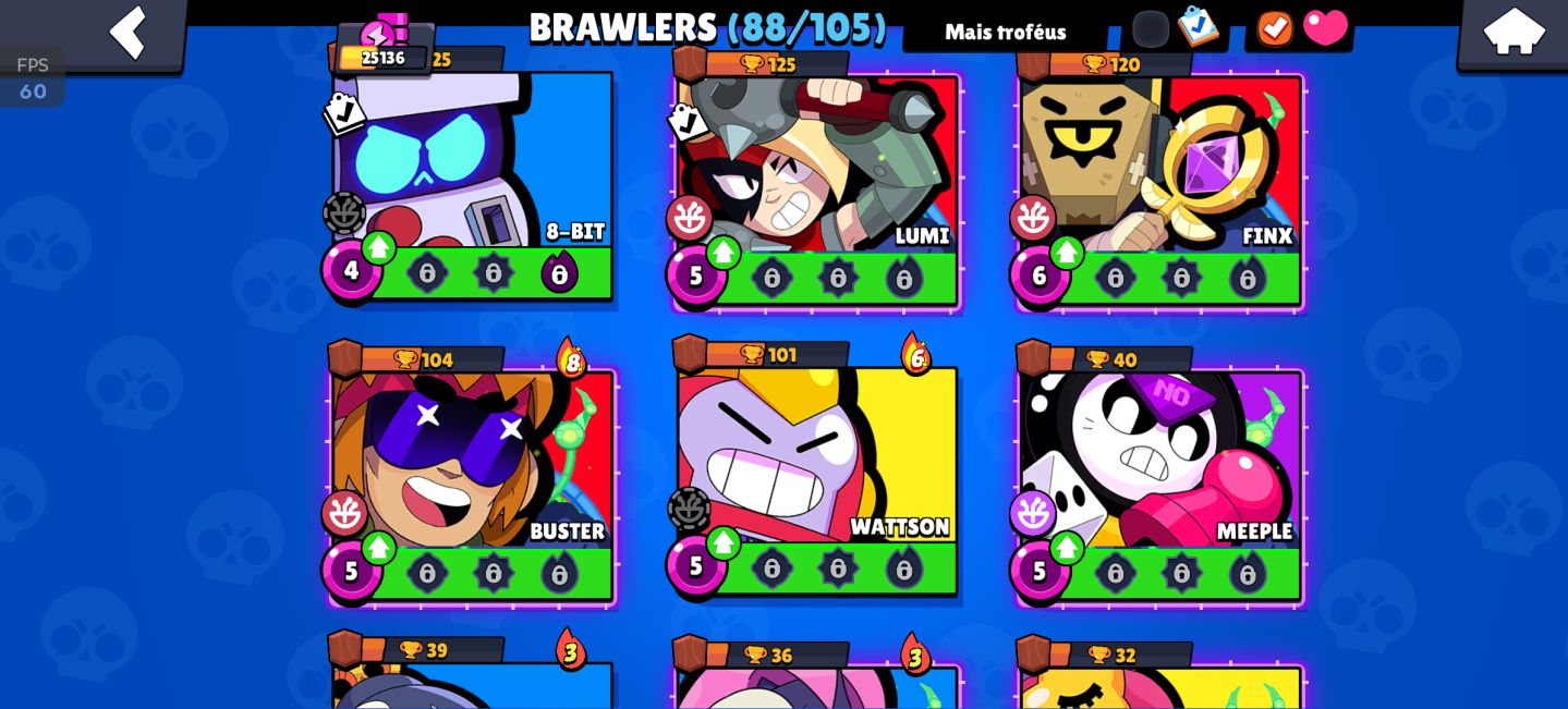 25k de troféu, Todos os lendários 88 brawler, 17 hipercarga e 6 buffs completos