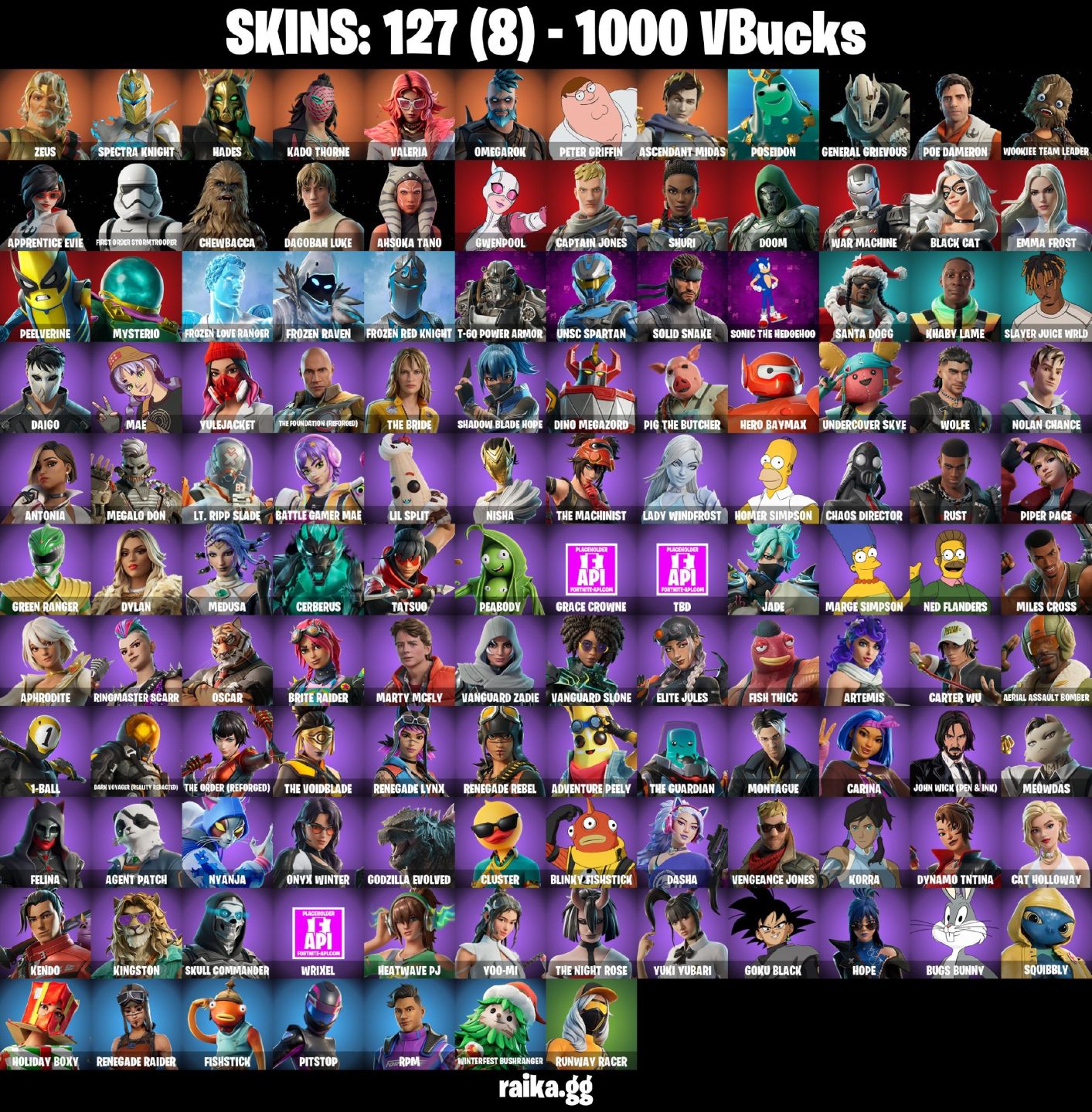127 Skins - Renegade raider, Emma frost, Midnight Scythe & 1000 V-bucks