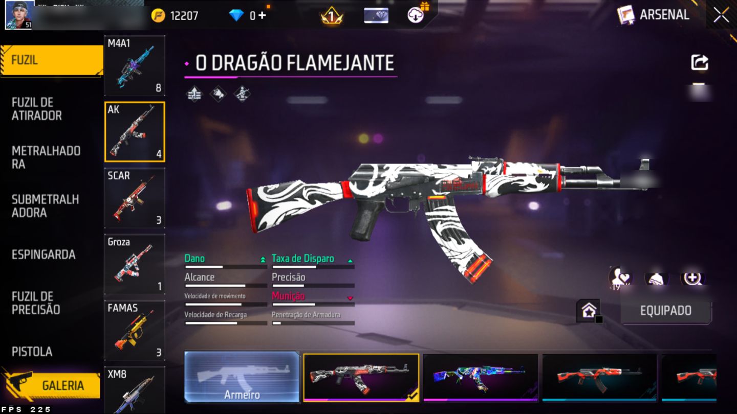Conta Free Fire nível 51, várias skins de armas, paredes de gel e diversos itens