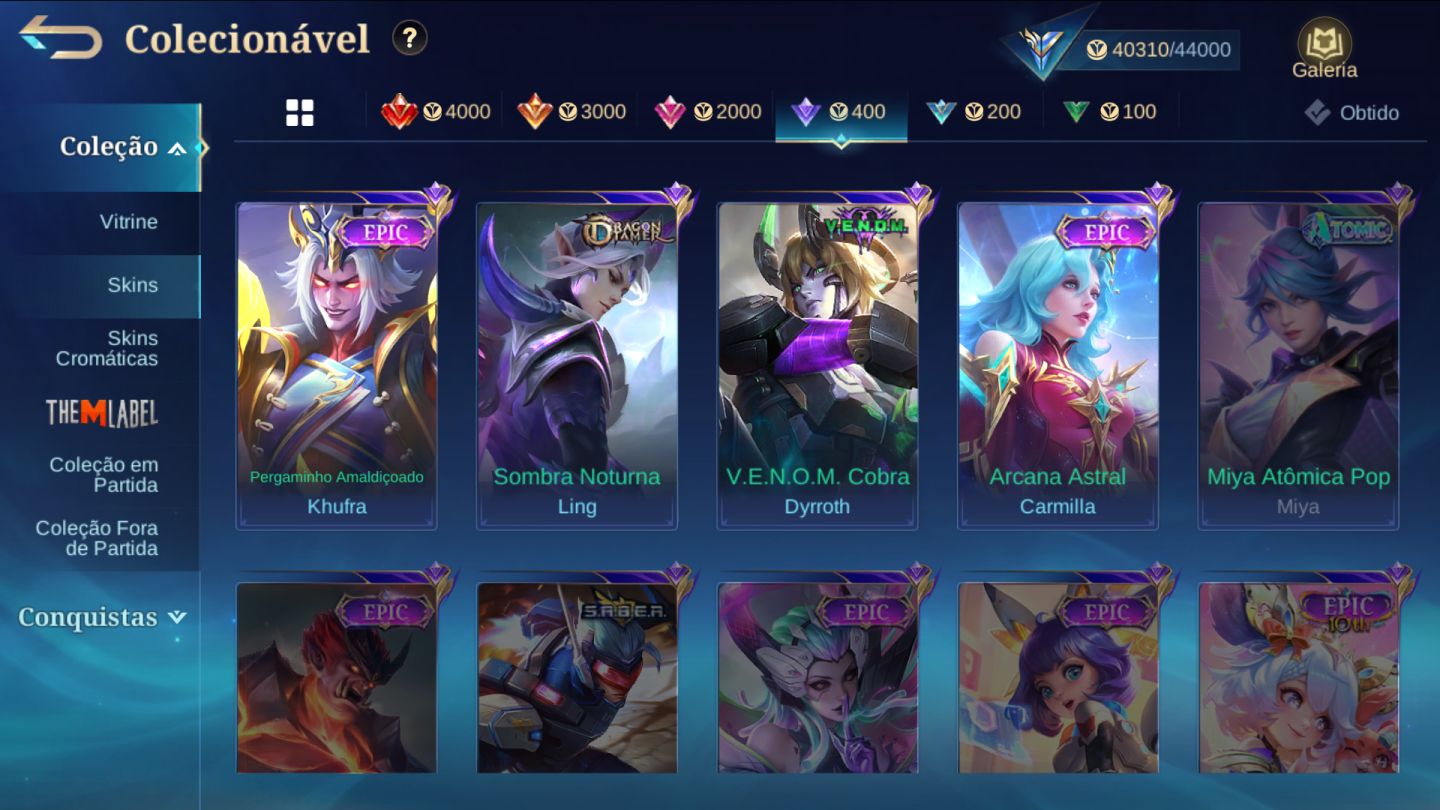CONTA MOBILE LEGENDS GEMADA COM MUITAS EPICAS