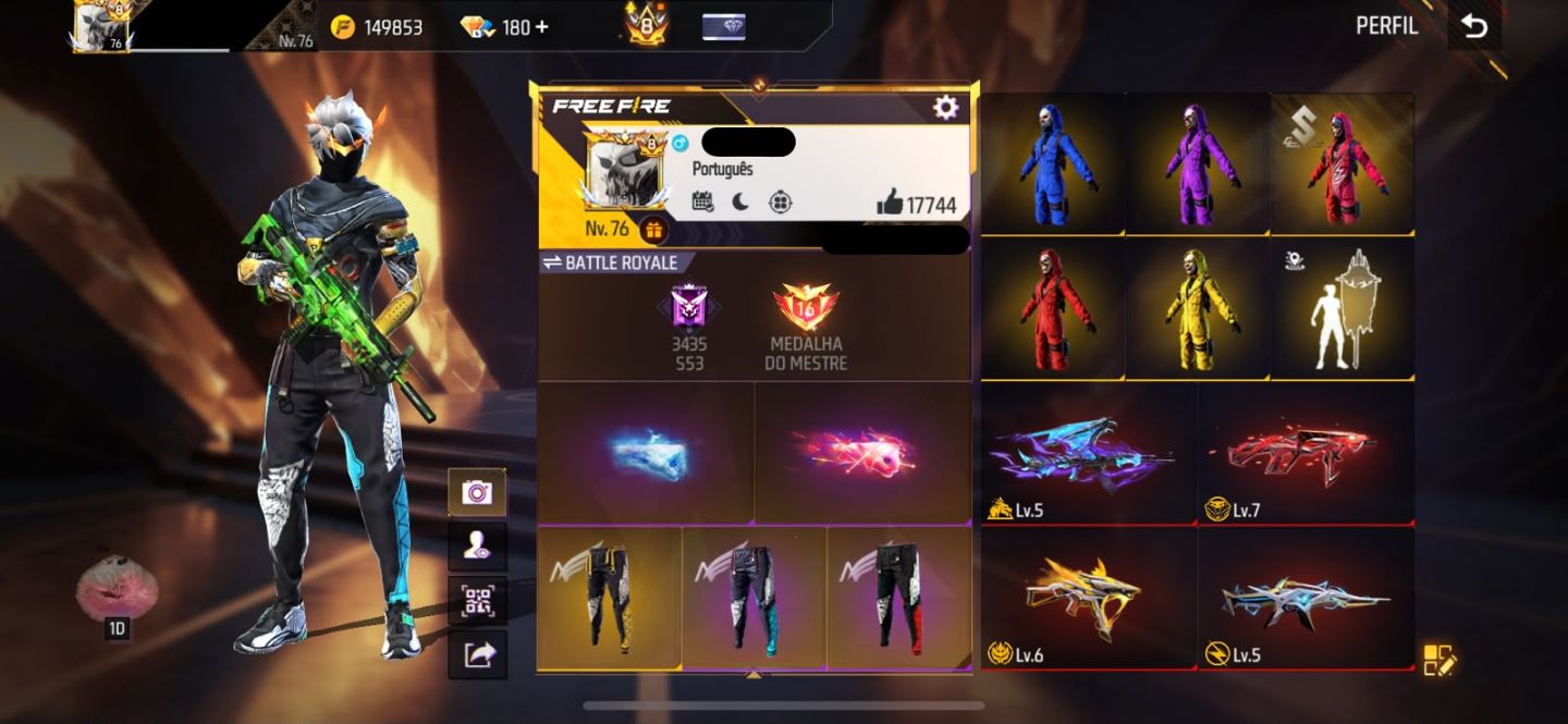Conta free fire gemada com 5 angelicais, 5 evolutivas, 750+ peitorais, prime 8