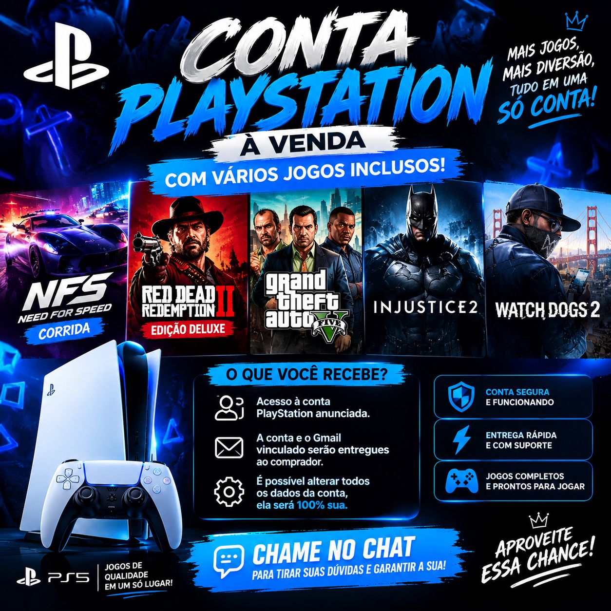 CONTA PLAYSTATION + 5 JOGOS | GTA V, RDR2 DELUXE, NFS, INJUSTICE 2 E WATCH DOGS2