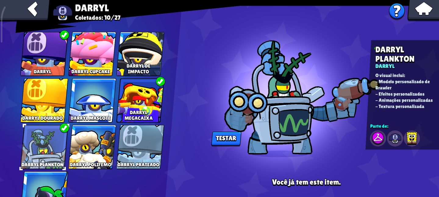 Conta brawl star bob sponja várias skins