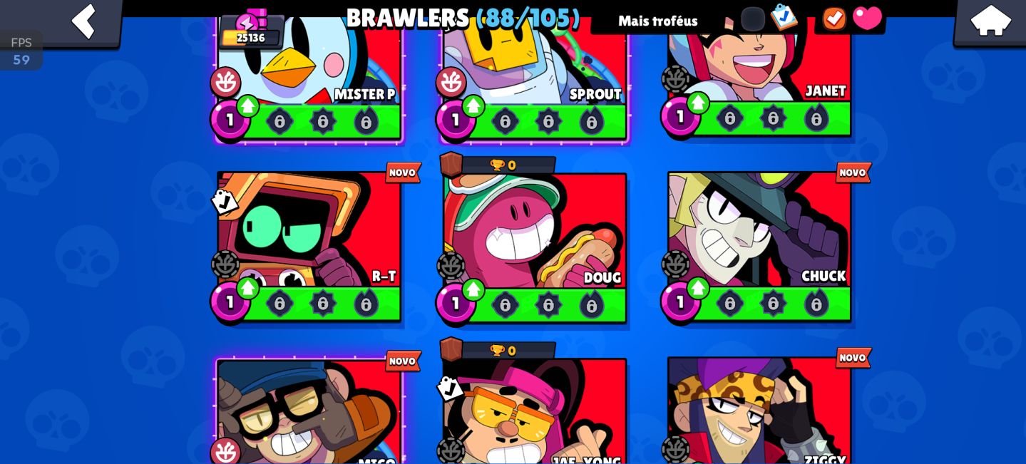 25k de troféu, Todos os lendários 88 brawler, 17 hipercarga e 6 buffs completos