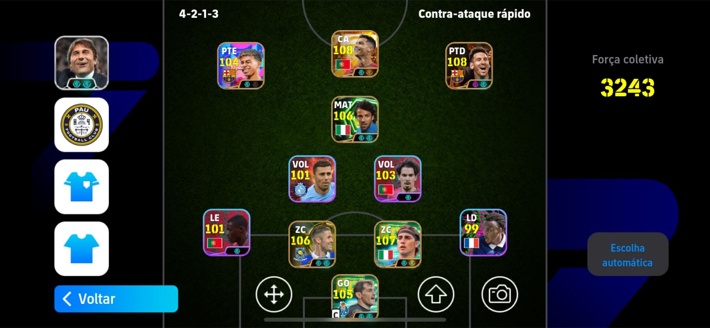 CONTA eFOOTBALL MOBILE TOP! ELENCO ESTRELADO + CRISTIANO RONALDO 108 E MESSI 104