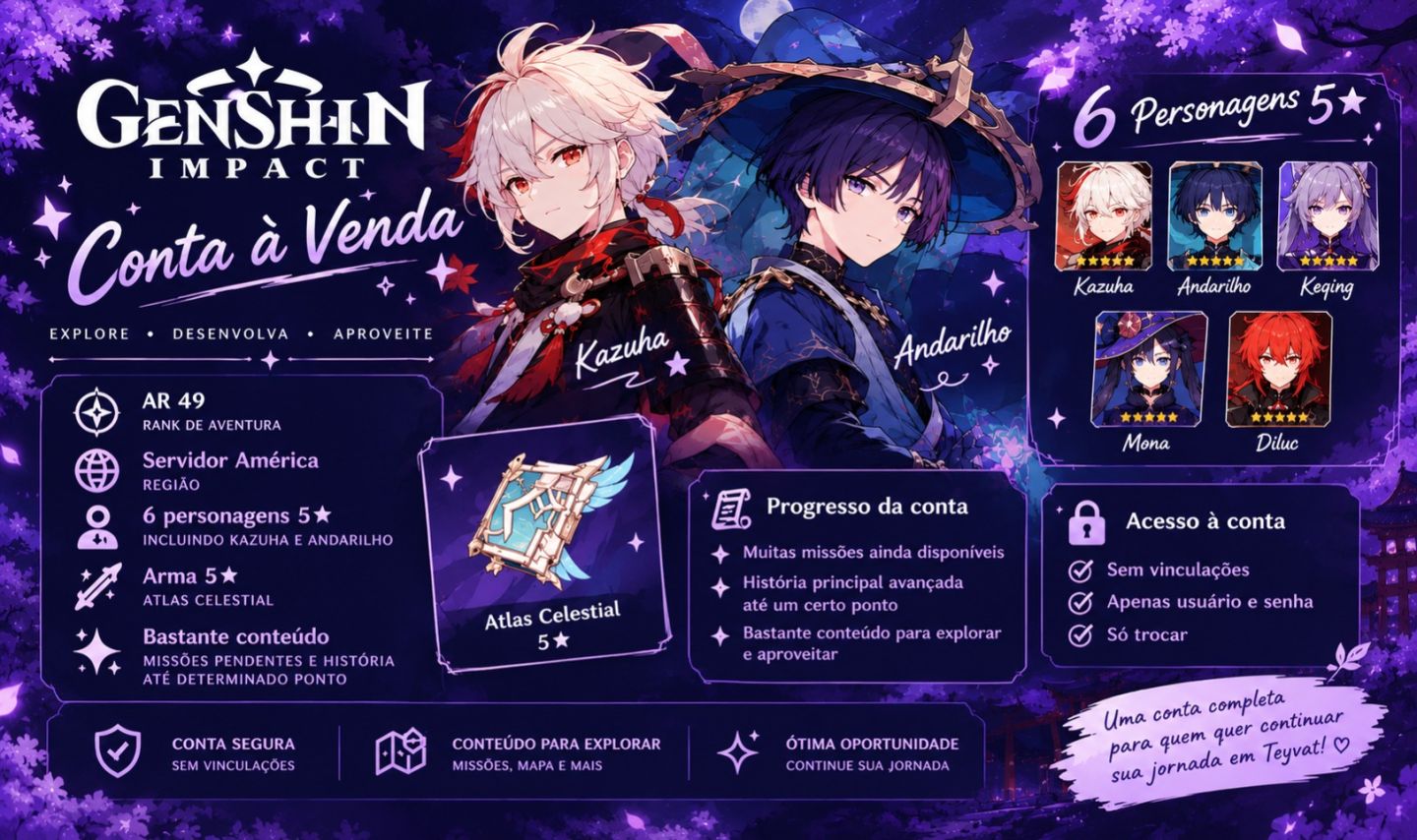 Genshin Impact | AR 49 | 6 Personagens 5 | Kazuha + Andarilho