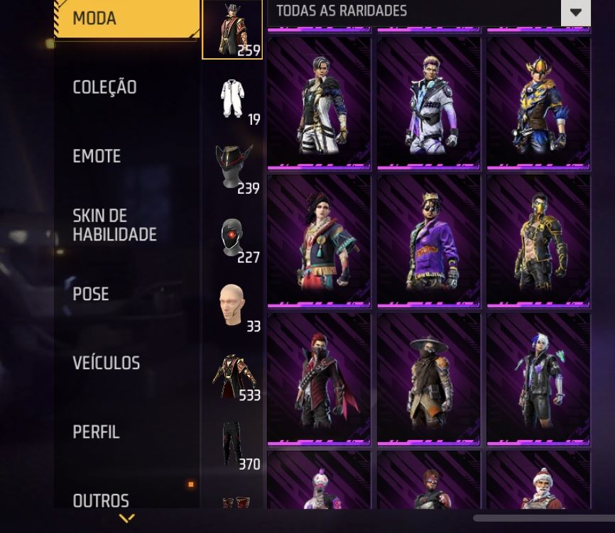 Conta Free Fira com skins de passes antigos