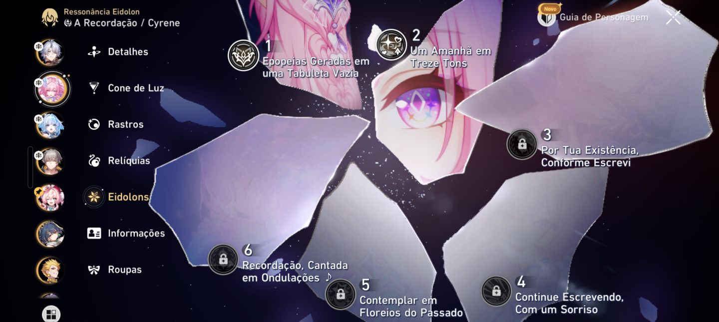 Conta nível 67 com Phainon E2 + Bis, Cyrene E2 + Bis, Cerydra, Hyacine e outros.