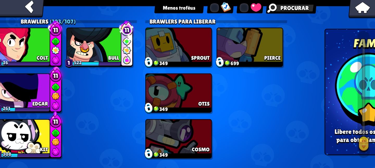 Possui 103 brawlers, mais de 250 skins, 30 brawlers full, Full acesso!!