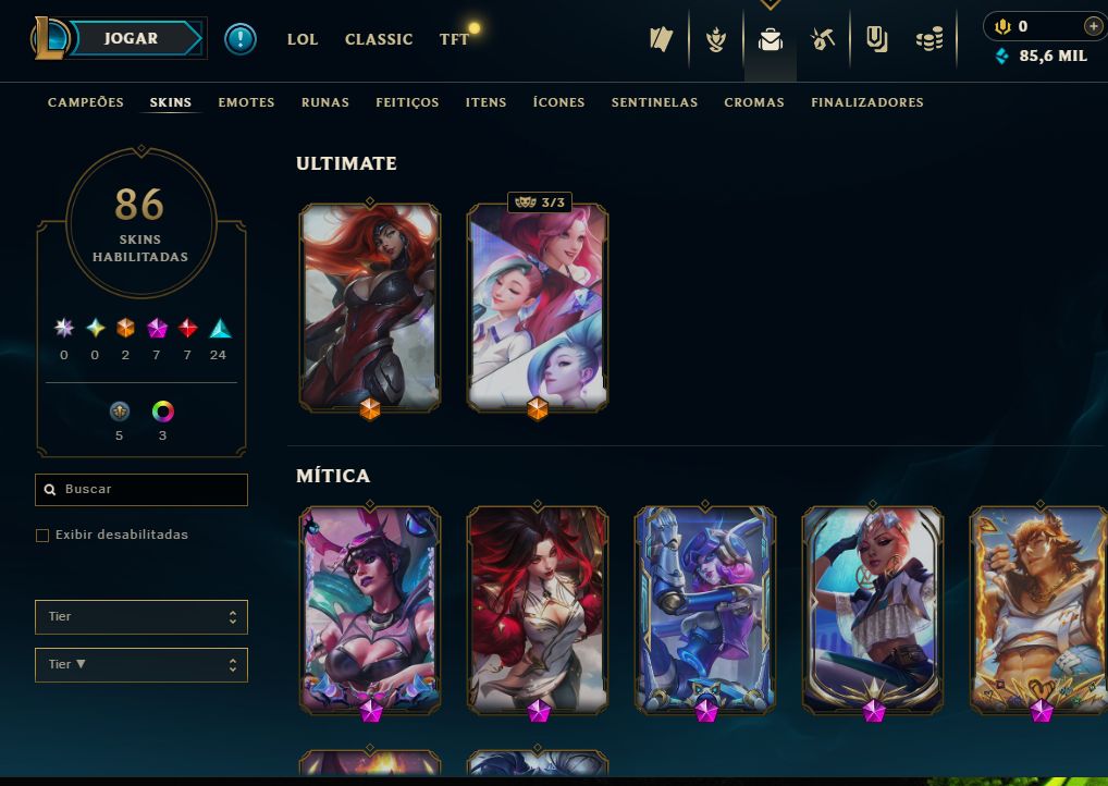 Conta de Lol com 45 skins, 2 ultimates, 7 míticas, 7 lendárias e varias épicas