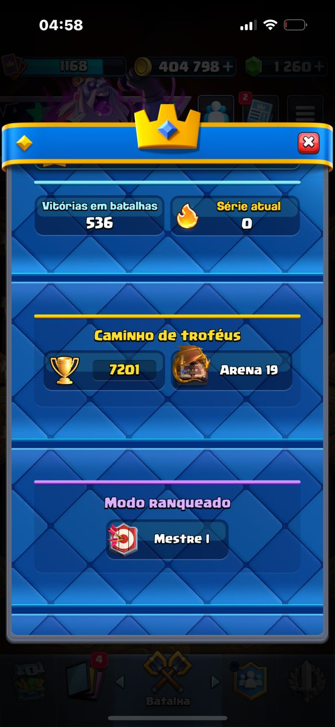 Conta De Clash Royale 7.2K | 1.260 Gemas | 404K Gold | Mestre I | 117/122 Cartas