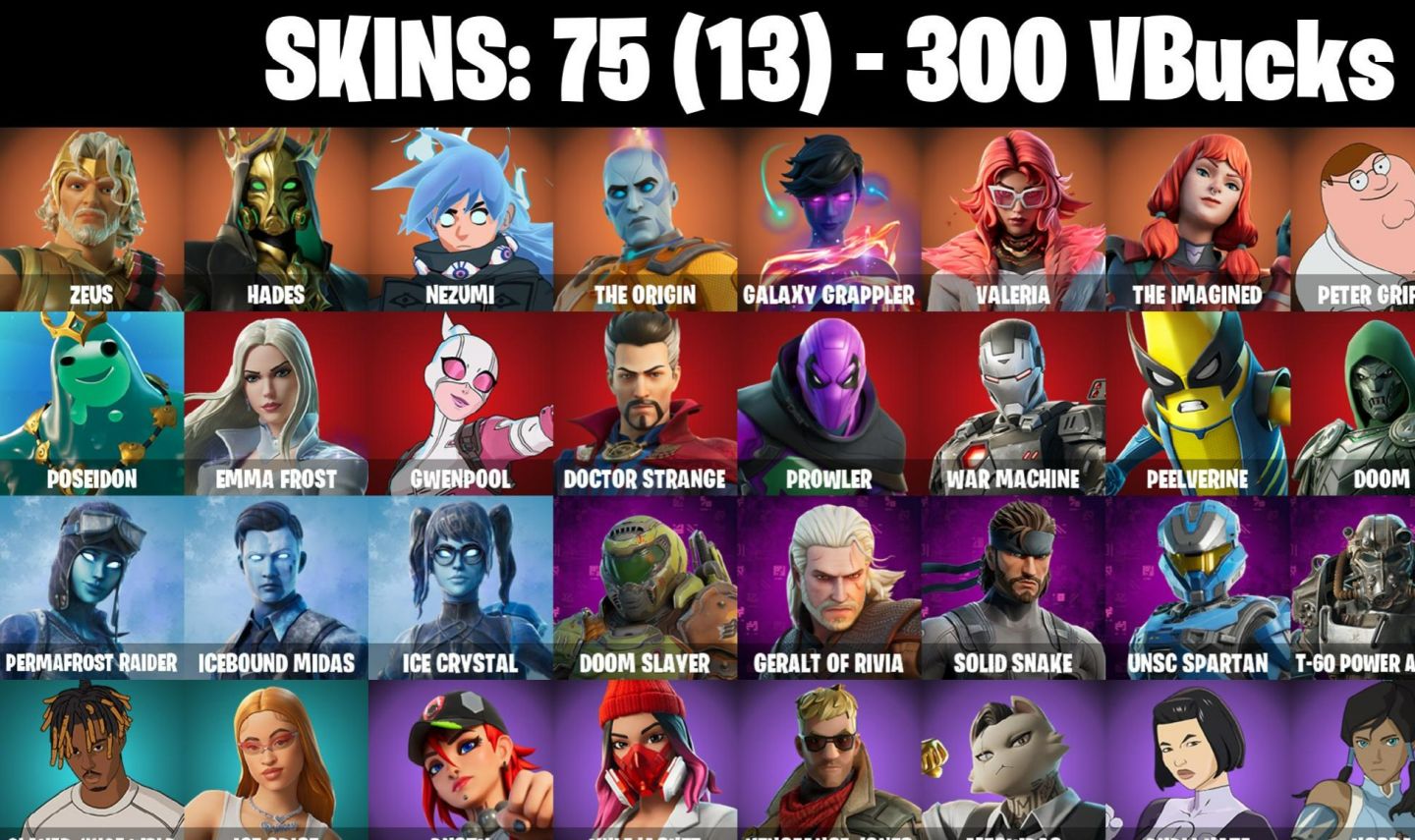 75 Skins - Solid Snake, Prowler, War Machine, Doom Slayer, Emma Frost 300 vbucks
