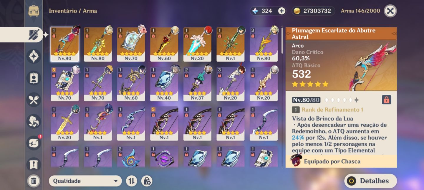 Conta genshin 7 T5 limitado + 3 armas T5 limitada