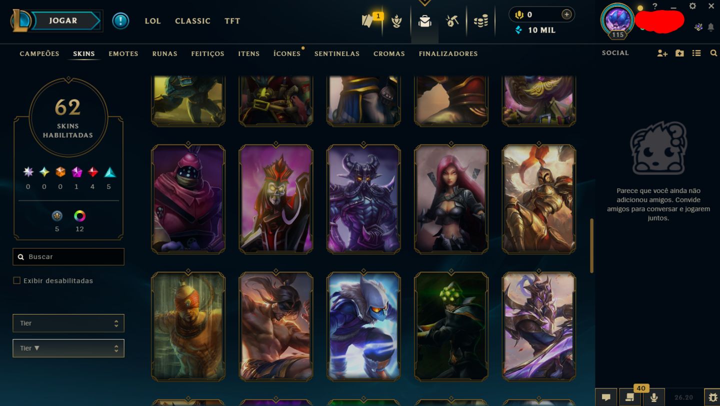 Conta Unranked, full acesso, 76 campeões, 20 skins, 4 lendárias, 3 vitoriosas