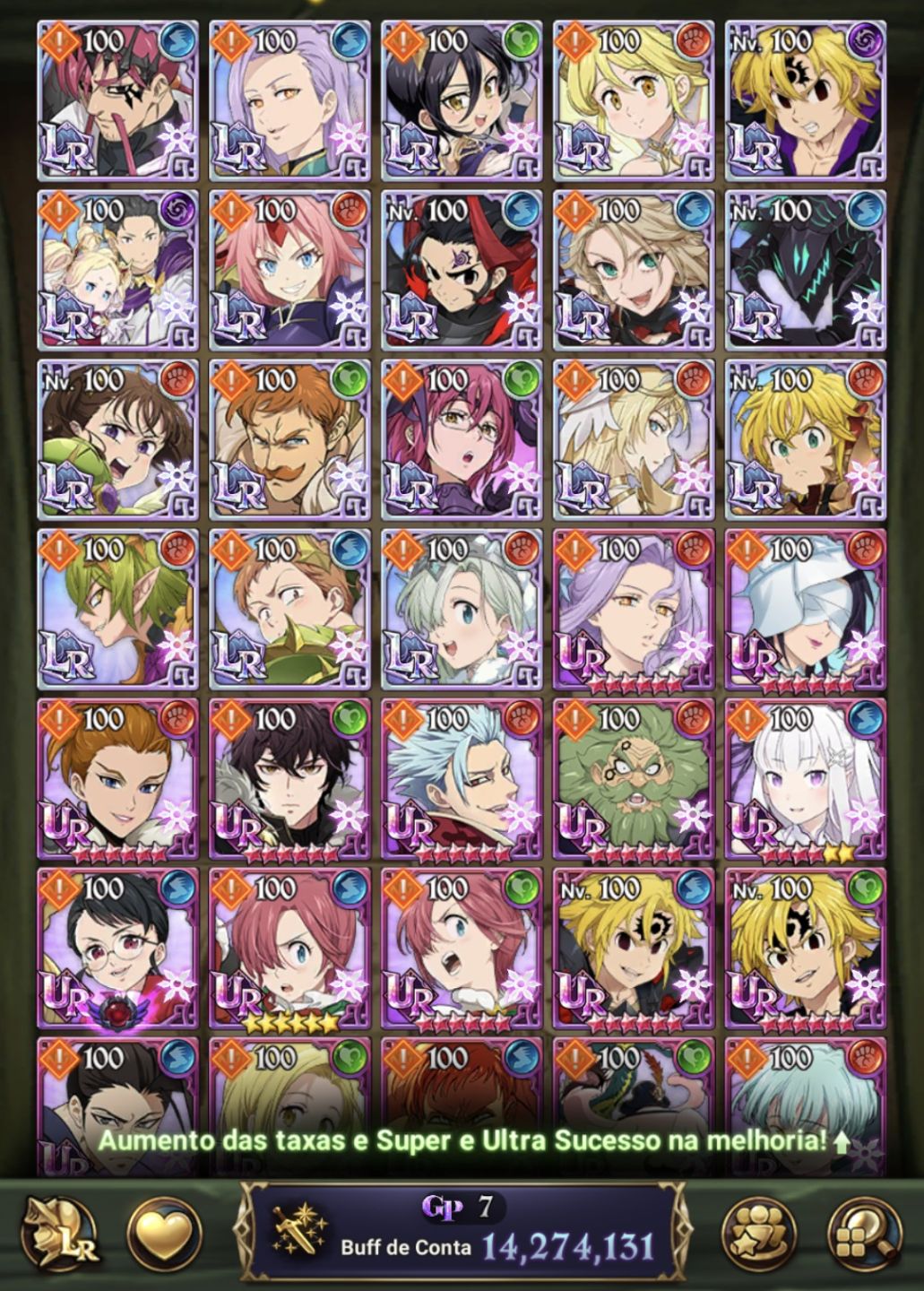 Conta 7DS Grand Cross, 14 Milhoes de CCBox, maioria das colabs, personagens, LRs