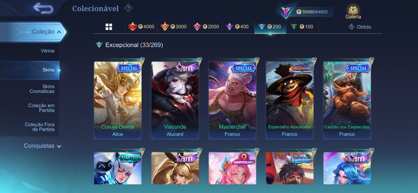 Conta Mobile Legends Alto Investimento passe e star ativos Skins Premium