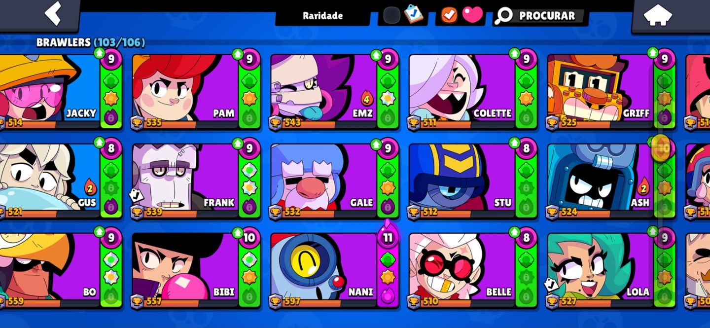 CONTA BRAWSTARS 103 BRAWLERS, 56K DE TROFÉU, 300+ GEMAS, ANTIGA COM SKINS RARAS