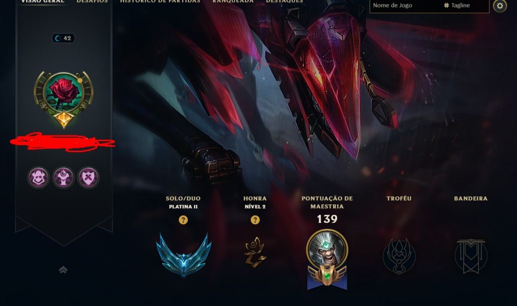 Conta de lol SMURF LVL42| PLATINA 2 | SKIN LENDÁRIA DEUS REI DARIUS | FULL DADOS