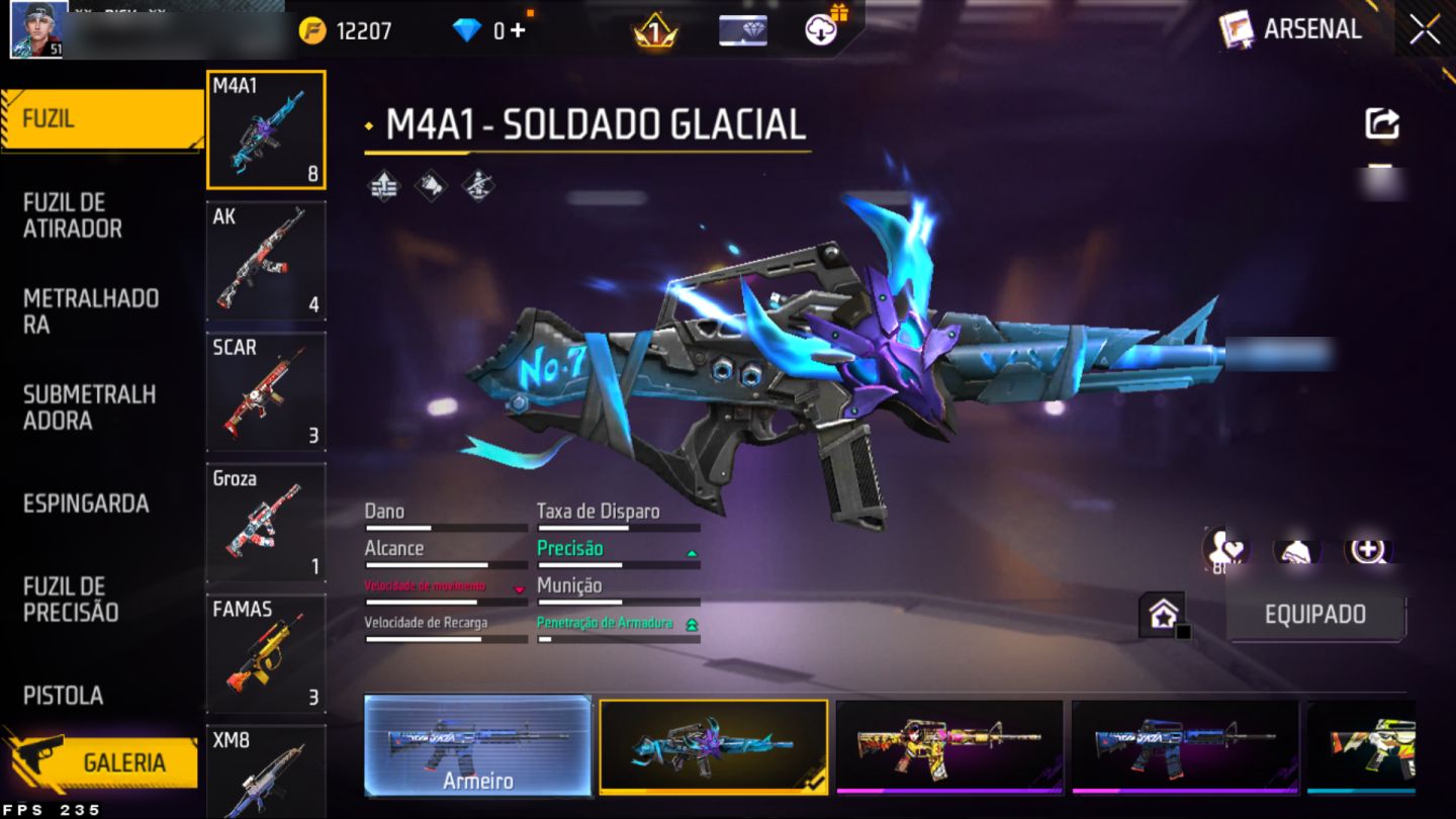 Conta Free Fire nível 51, várias skins de armas, paredes de gel e diversos itens