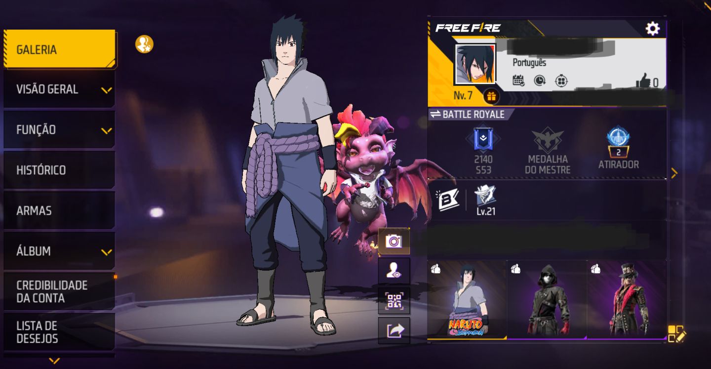 CONTA FREE FIRE BOT LV7 + CONJUNTO SASUKE + TROCA NICK