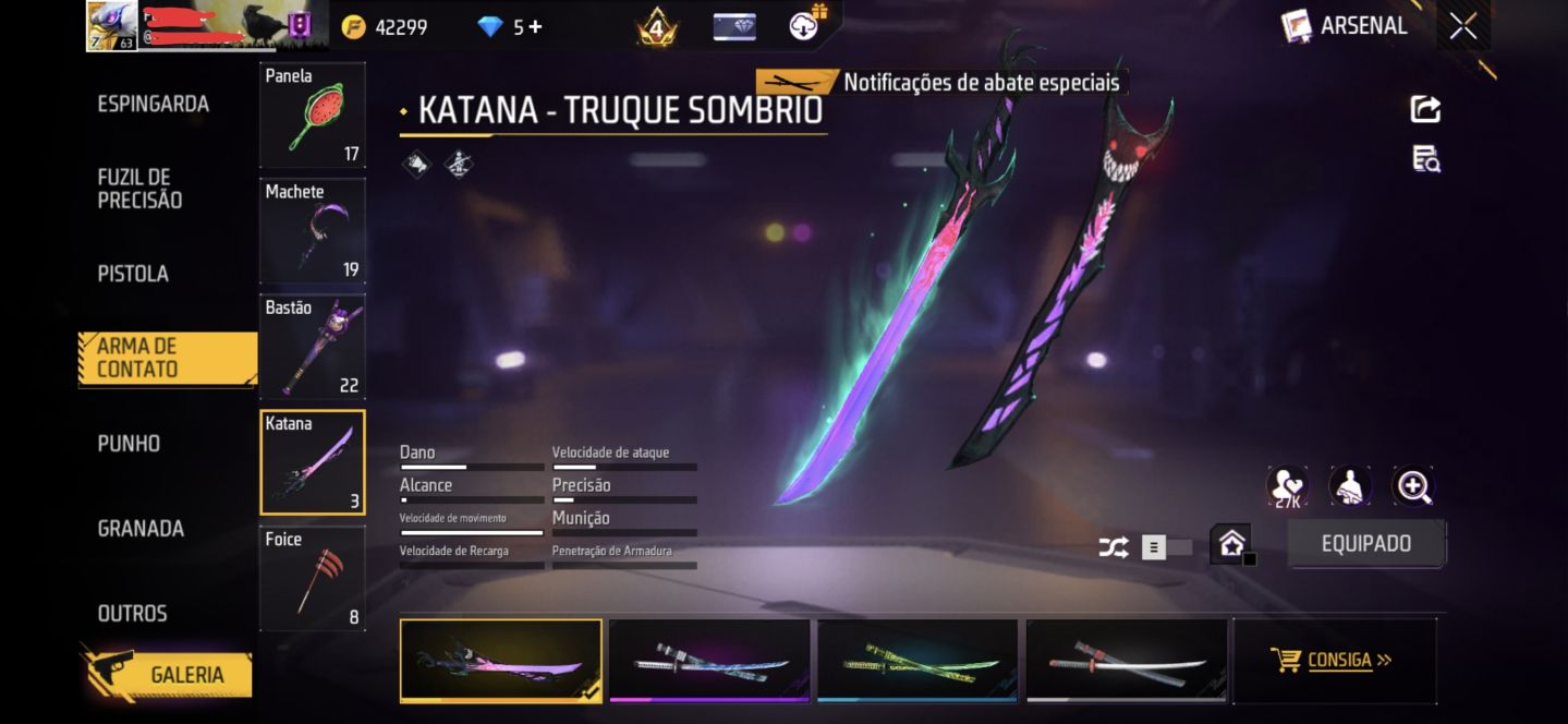 Conta FF 2020 gemada, possui diversas skins raras.