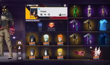 CONTA FREE FIRE, COM VARIAS SKINS E CAPÍTULO 2 DO NARUTO