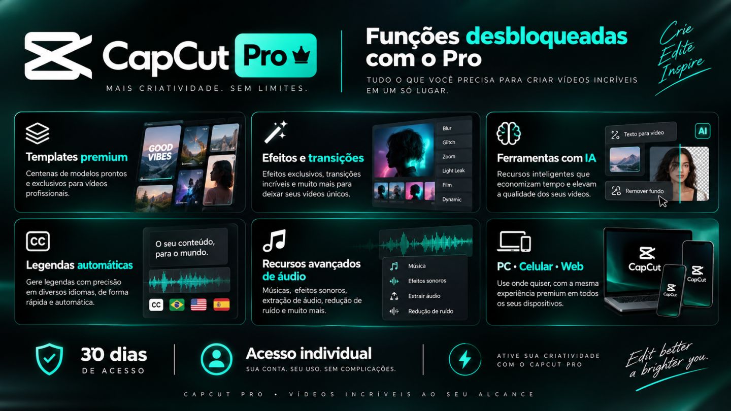 CAPCUT PRO 30 DIAS | PRIVADO + ACESSO INDIVIDUAL | PC + CELULAR + WEB