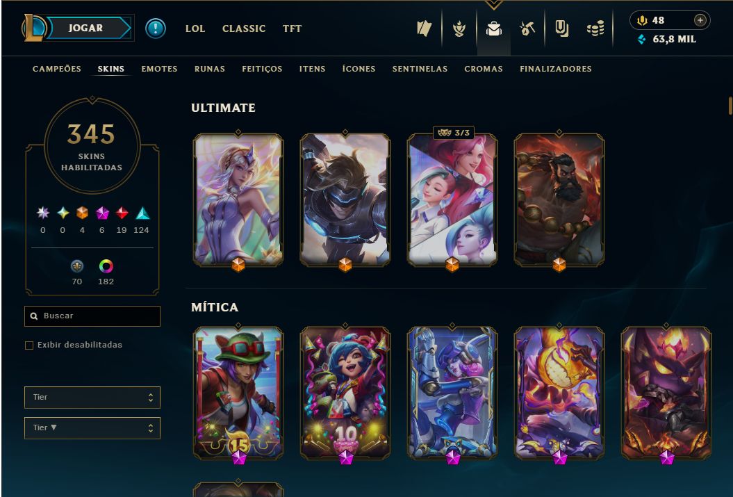 Conta LoL MESTRE 500 PDL full champs, níve 773, 345 skins, 4 ultimate, 6 mítica.