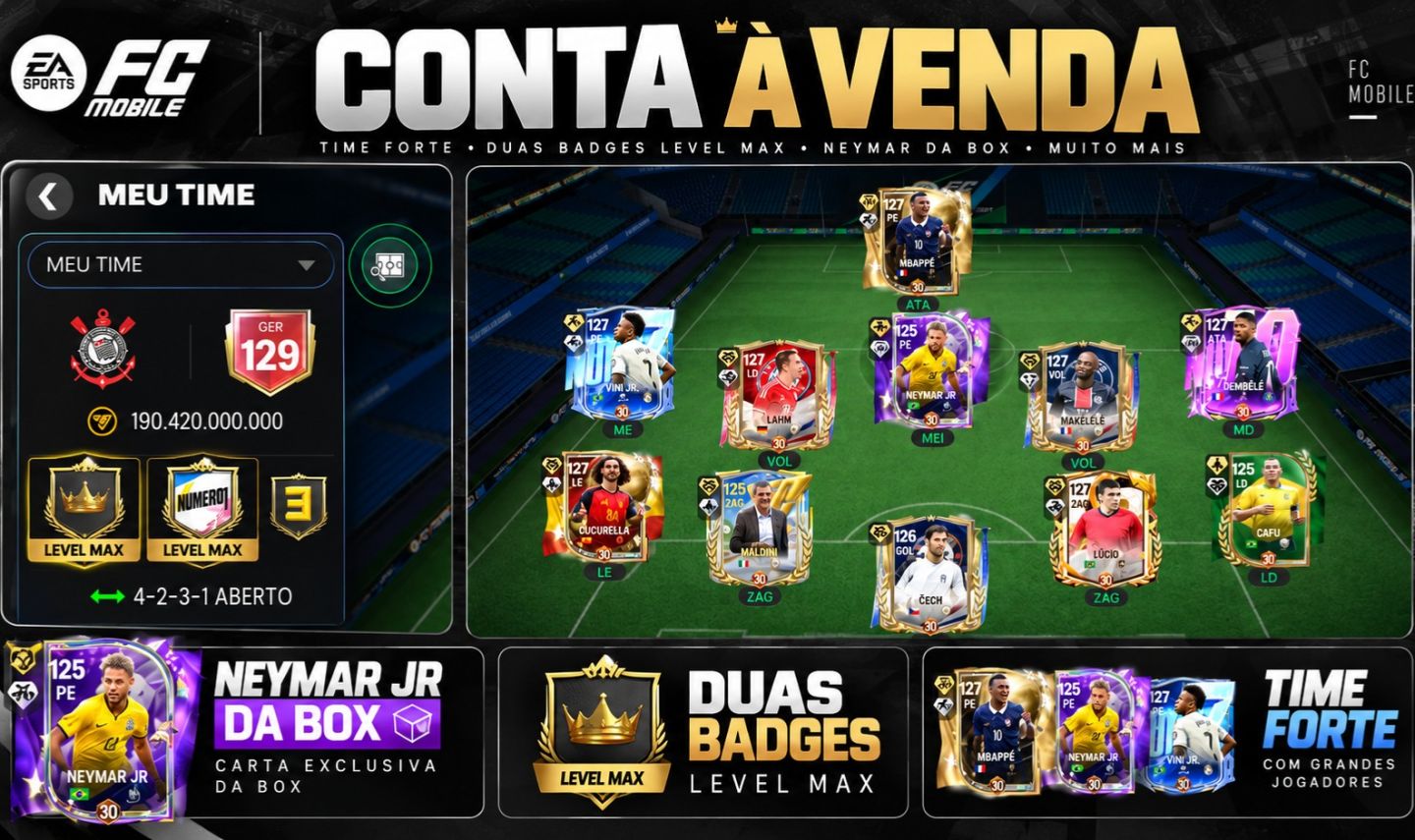 CONTA FC MOBILE | GER 129 | 2 BADGES LEVEL MAX | NEYMAR DA BOX | ELENCO 127 OVR