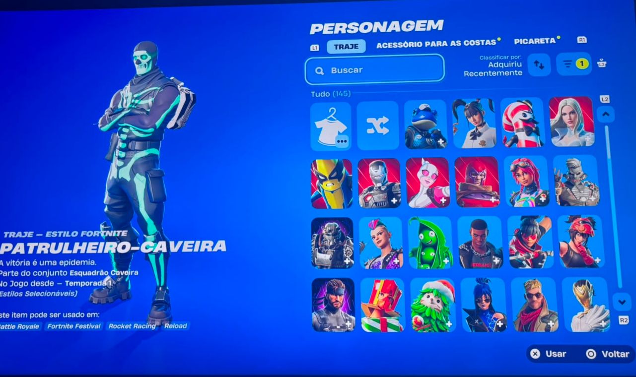 Conta Fortnite, 145 skins passe da temp 4 até a x completos