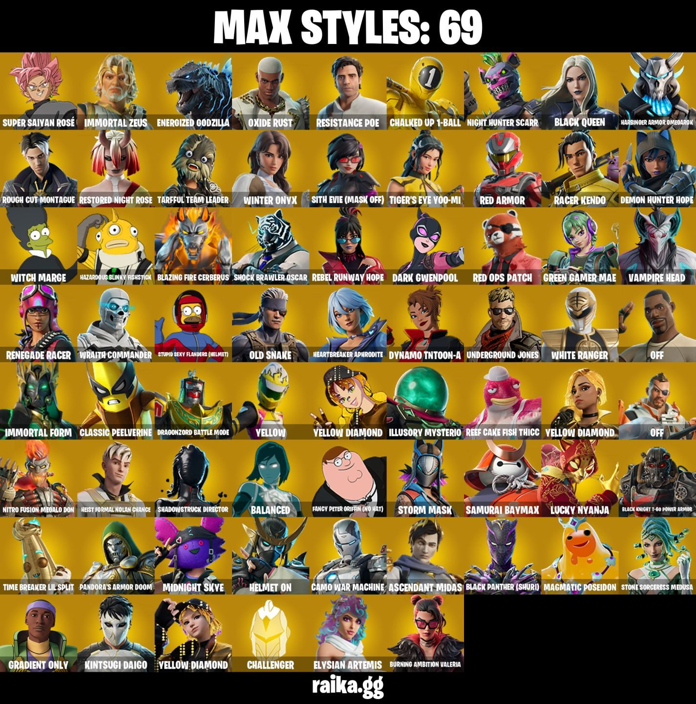 127 Skins - Renegade raider, Emma frost, Midnight Scythe & 1000 V-bucks