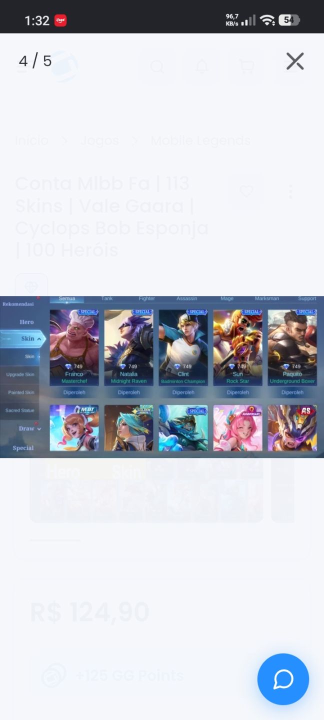 Conta Mlbb quase Full - vale Gara, Bob esponja, seiya
