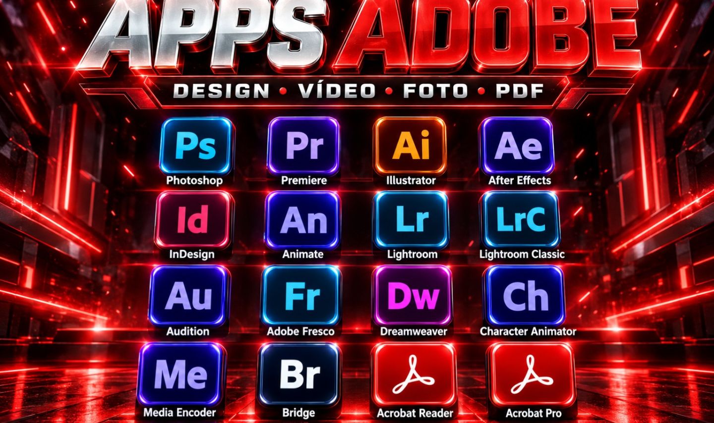 Aplicativos da creative cloud como Premiere, Photoshop, After effects e etc