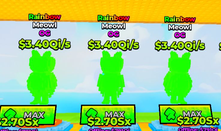 Construa uma ponte para Brainrots.. 10x Meow Raimbow lv MAX