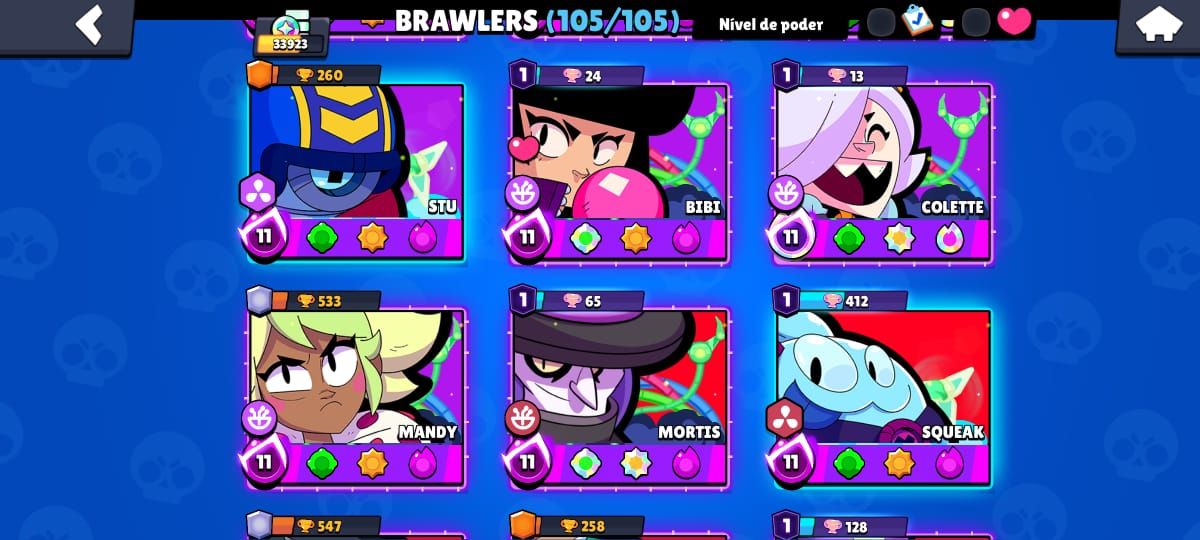 TODOS BRAWLERS , 32 NÍVEL MAX |14 PRESTÍGIOS | SKINS + HIPERCARGAS