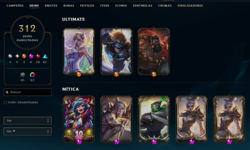Conta League of Legends LVL 315 - 312 Skins - 167 Campeoes.
