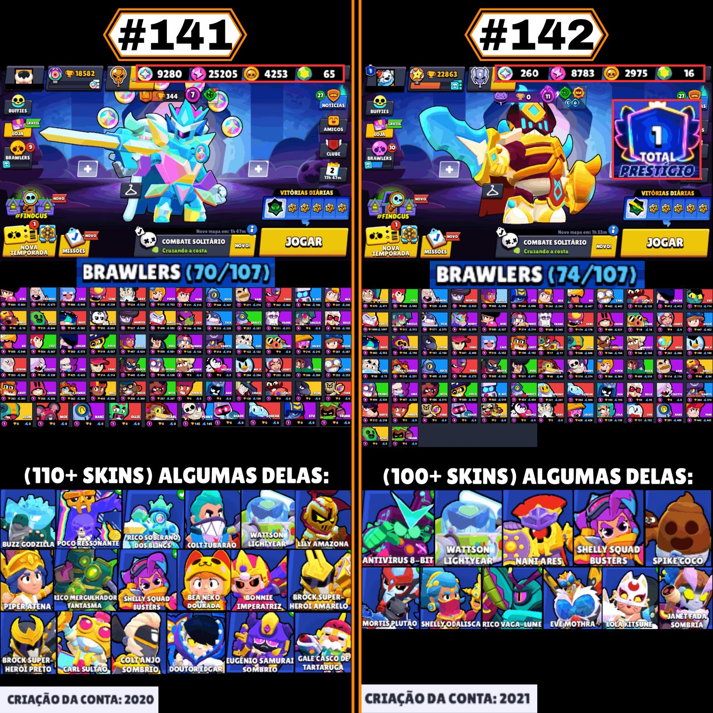 CONTAS BRAWL STARS | LENDÁRIOS, HIPERCARGAS, SKINS RARAS, P11, GEMAS, TROFÉUS