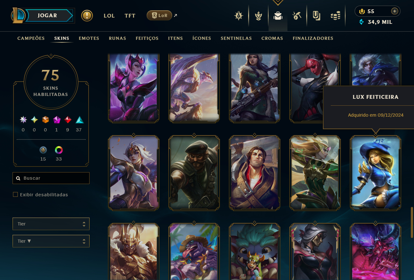 CONTA DE LOL E VALORANT COM 75 SKINS ESMERALDA (LOL) E PLATINA (VALORANT)