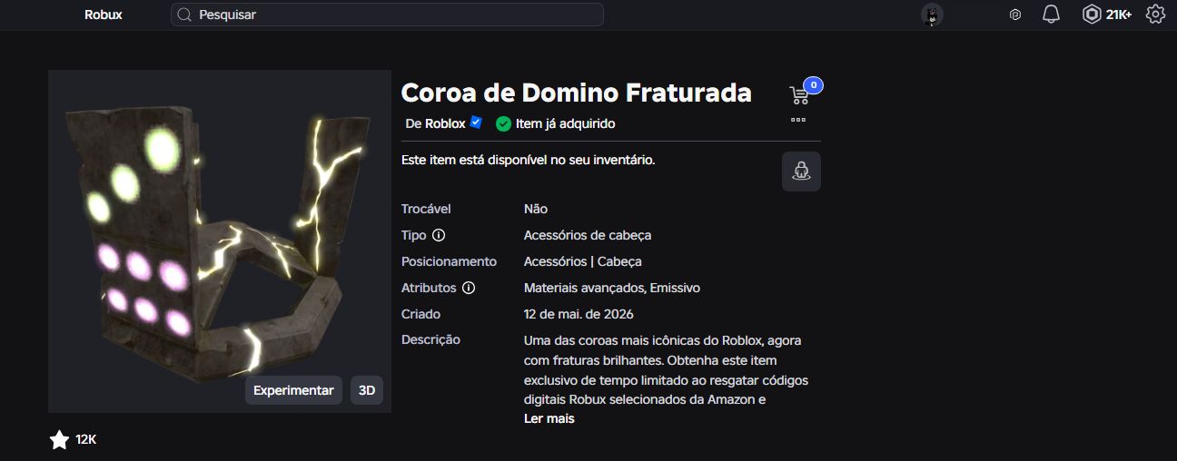 Conta Roblox com Korblox e Domino Crown Rara + 21k Robux