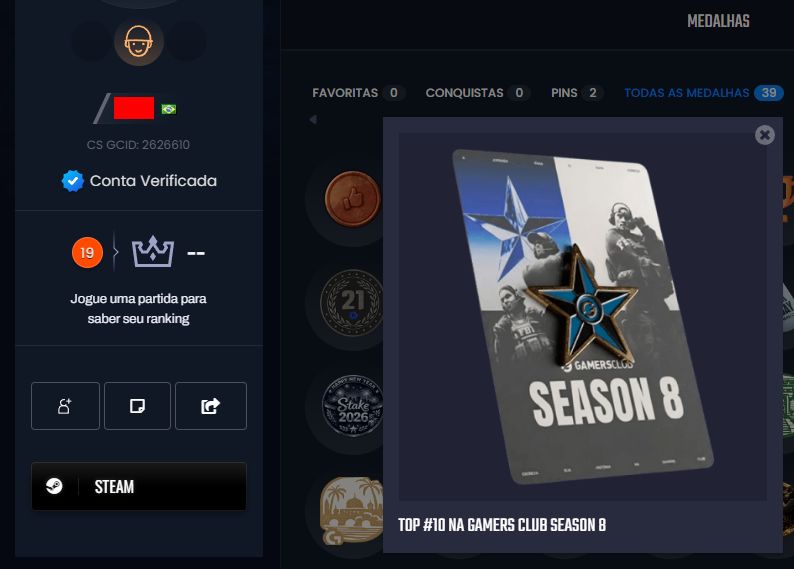 CONTA LVL 10 FACEIT E 19 GC (MEDALHA DE TOP 6)