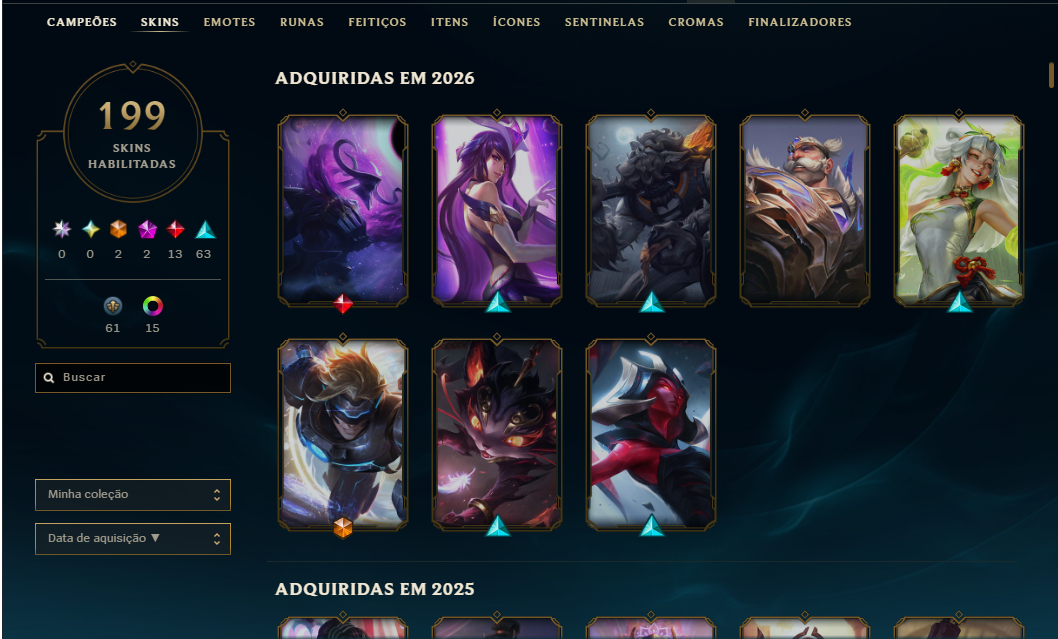 Conta LOL Ouro IV | Level 264 | 199 Skins | Todos os Campeões | Full Acesso