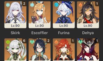 Skirk c2, Mavuika c1, nahida c6, xyanyun c2, chasca c1, furina, Lauma e +