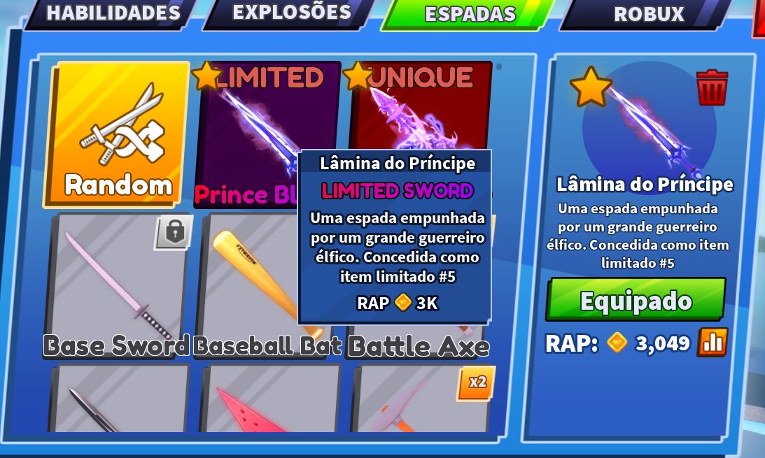 Blade Ball - Tokens e espadas no preço