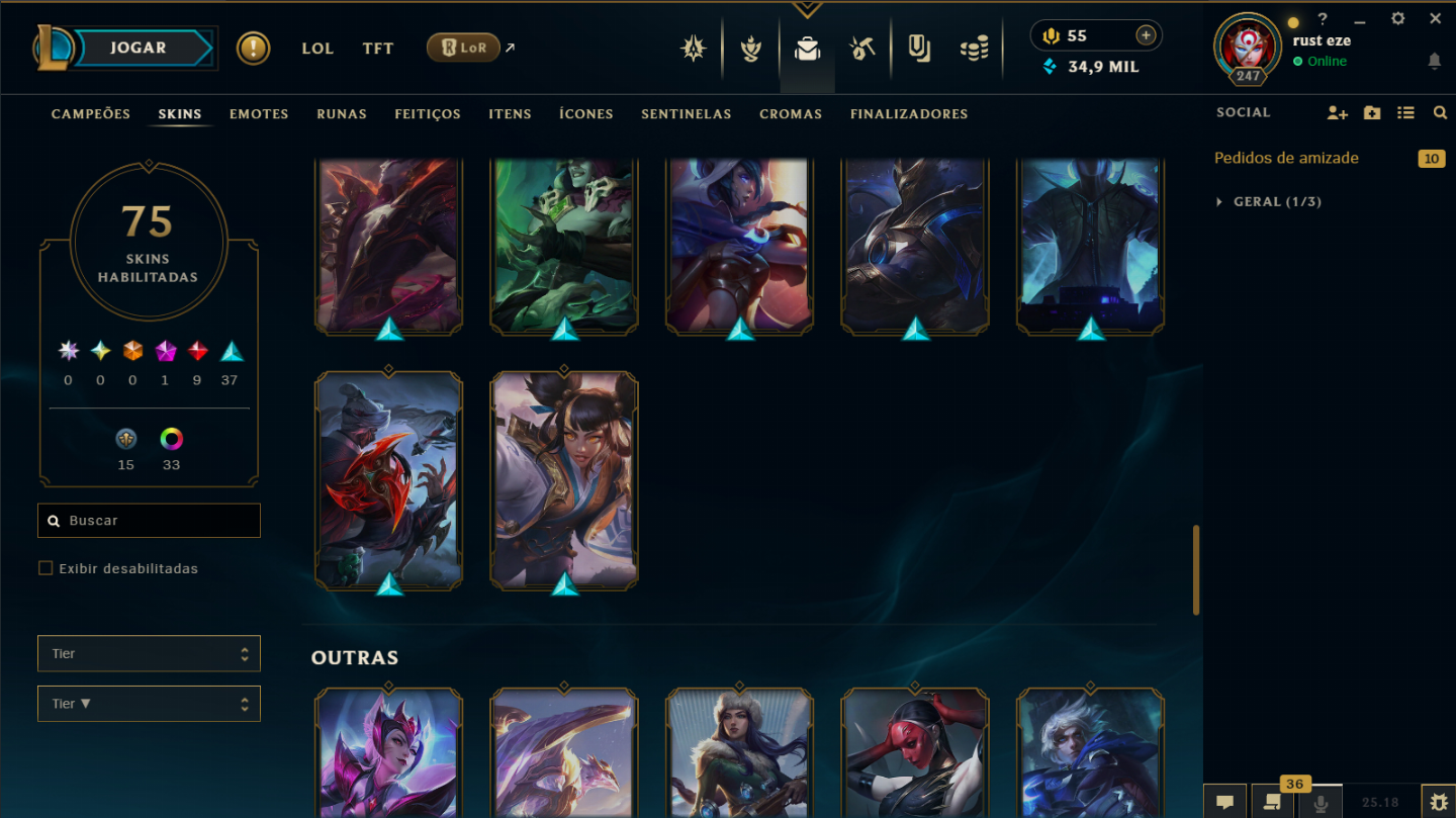 CONTA DE LOL E VALORANT COM 75 SKINS ESMERALDA (LOL) E PLATINA (VALORANT)