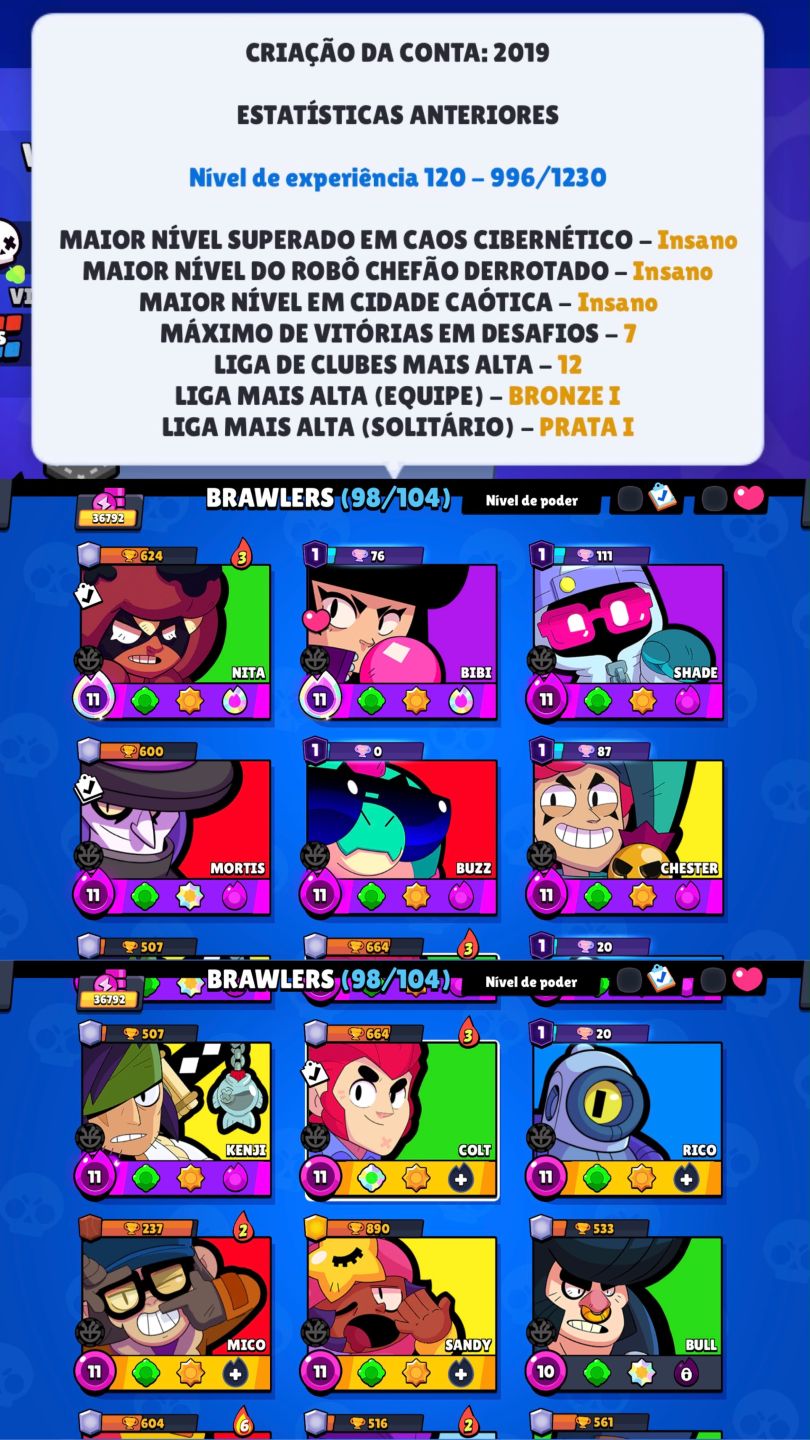 [CONTA DE BRAWL 36K DE TROFEUS | 98 BRAWLERS 13 LENDARIOS ( CONTA DE 2019) ]