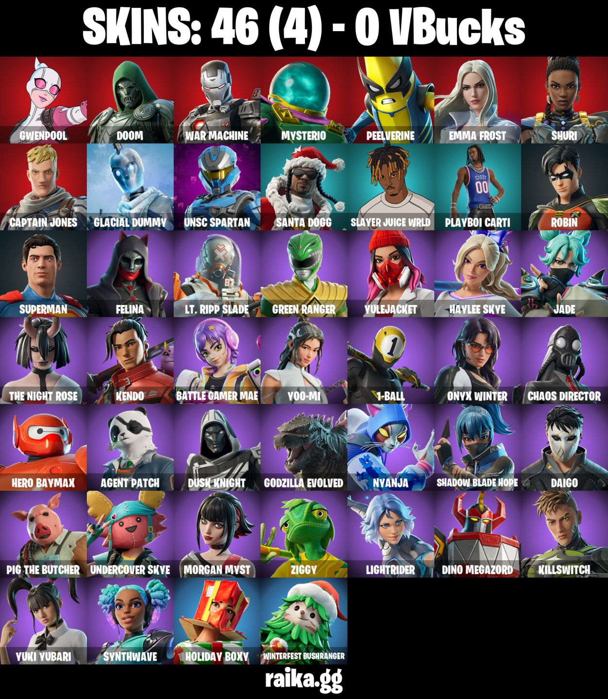 46 Skins - Gwenpool, Doom, War Machine, Emma Frost, Santa Dogg, 0 vbucks