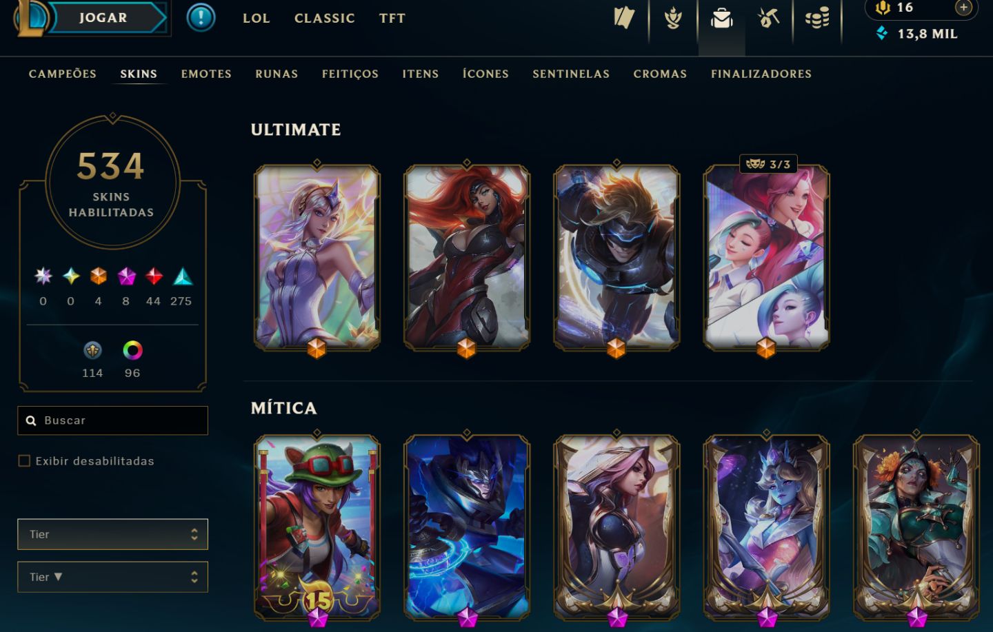 CONTA LOL NÍVEL 388 | 534 SKINS | 44 LENDÁRIAS | 4 ULTIMATE | 8 MÍTICAS