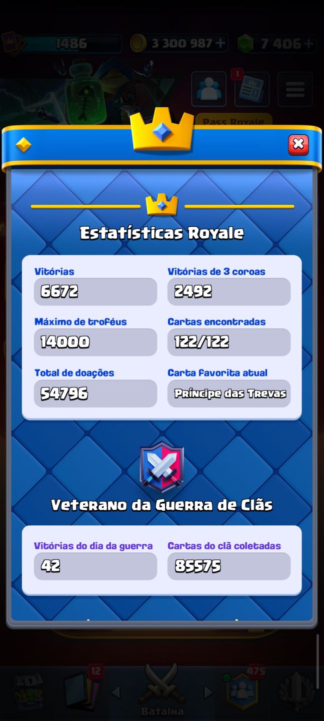 Conta Clash Royale(+9anos) +14k Troféus - 3,3 milhões em ouro - 7,4k de gemas
