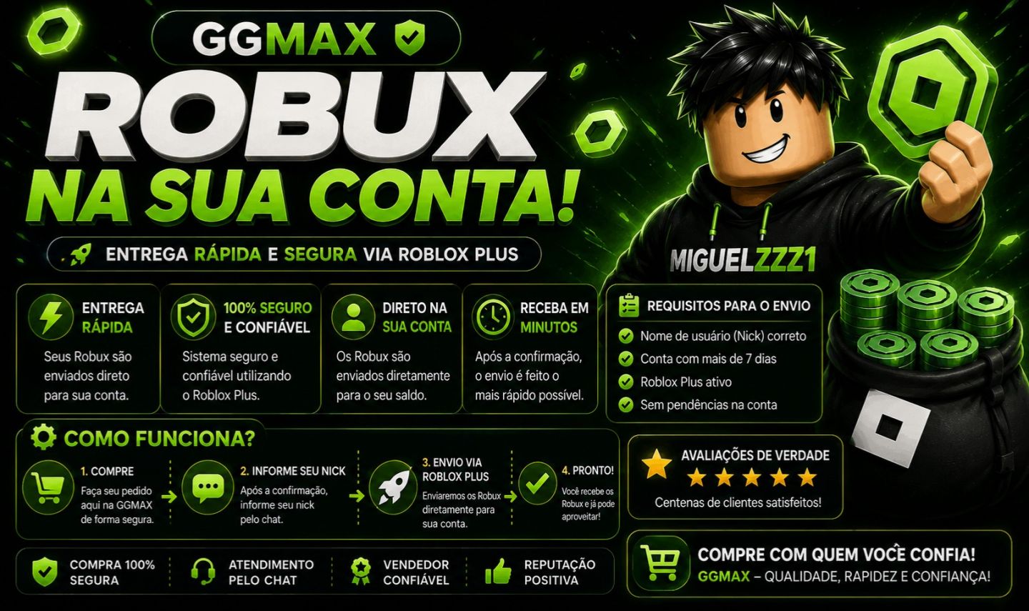 Robux na Sua Conta - Entrega Via Roblox Plus- Roblox | Envio Rápido