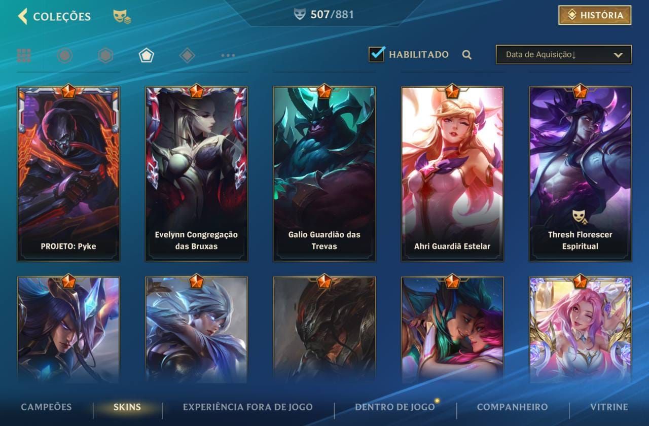 507 Skins| 15 Míticas |64 Lendárias|290 Épicas |Lv 226 |87,2K Coleção| 1978 dias